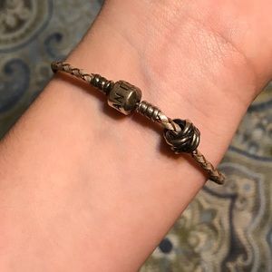 Pandora Champagne Braided Leather Bracelet & Charm
